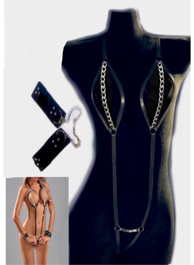 Sexy Lingerie Elastic with a Leather Hand straps,Black jumpsuit for Women - Image 3